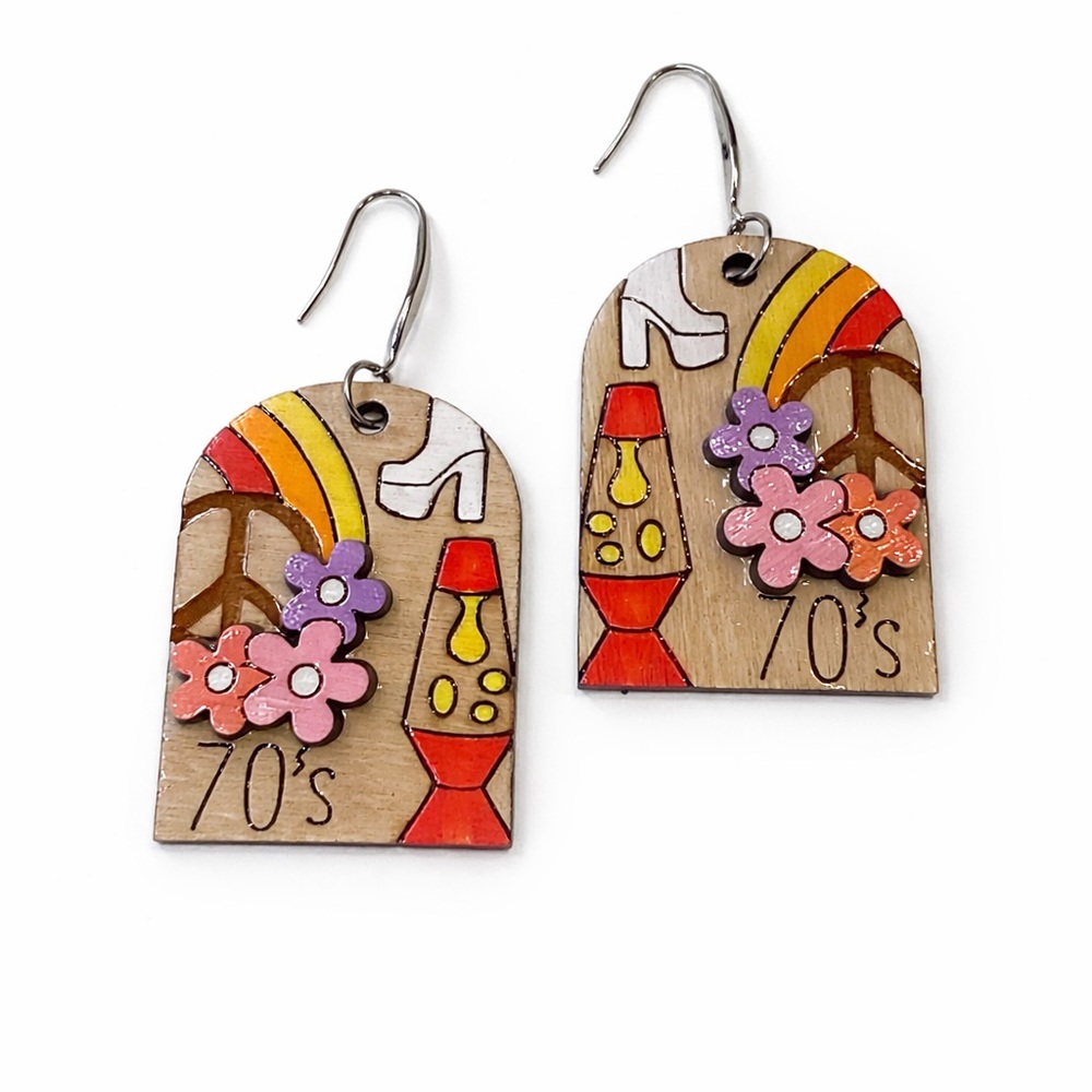 70s Retro Wooden Statement Earrings | Boho Hippie Lava Lamp Peace Sign